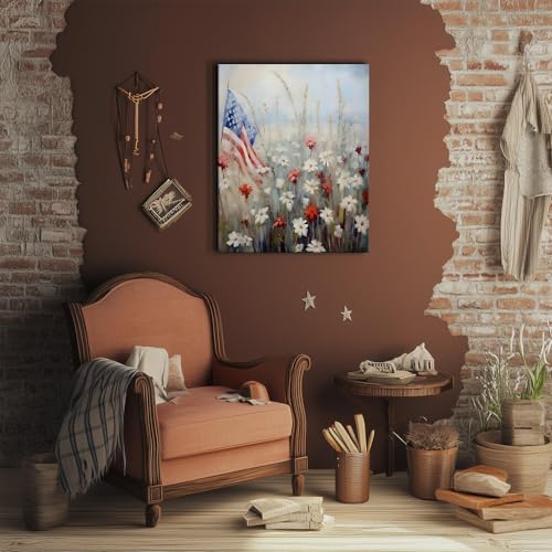 Image of Memorial Day Canvas Print, Patriotic American Flag Wildflowers Oil Painting, Red White Blue Field Poster Framed Art, USA Independence Day Artwork for Living Room or Porch Decor 20x24inch