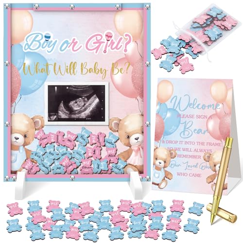 Image of Beeveer 65 Pcs Bear Gender Reveal Baby Shower Guest Book Alternatives Pink and Blue Bear Gender Reveal Decorations Sign in Guest Book with Picture Frame and 60 Wooden Chip for Party Keepsake