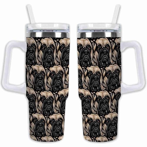 GABSHAIM Stainless Steel Tumbler Many Bull Mastiff Dog Faces Heads Coffee Cup 40oz Thermal Insulated Travel Mug with Handle Straw & Lid, Double Sided For Dog Puppy Lovers