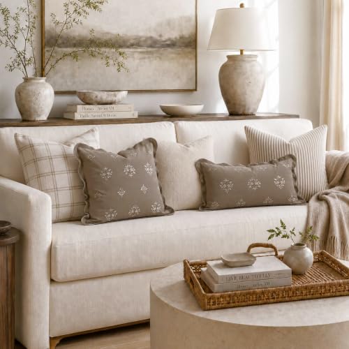 BlissBlush Lumbar Pillow Cover 12x20, Taupe Velvet Decorative Lumbar Pillow Cover, Floral Accent Cushion Cover with Embroidery and Scalloped Edge for Couch Sofa Bed, Cover ONLY - image 6