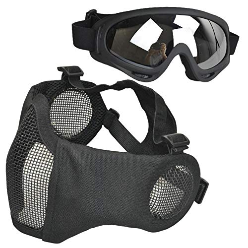 JFFCESTORE Airsoft mask Facepiece Foldable Half Face Airsoft Mesh Mask with Ear Protection with Goggles Set for Hunting, Paintball, Shooting(Black)