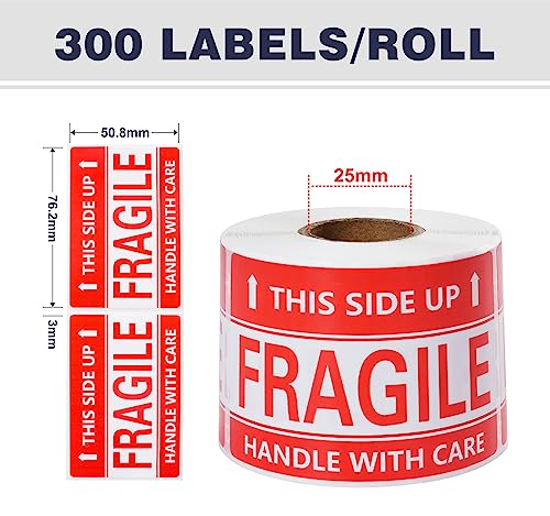 Image of 3 x 2 Inch Handle with Care This Side Up 300 Permanent Adhesive Fragile Stickers for Shipping Moving Glass Labels (1 Roll, 300 Labels)