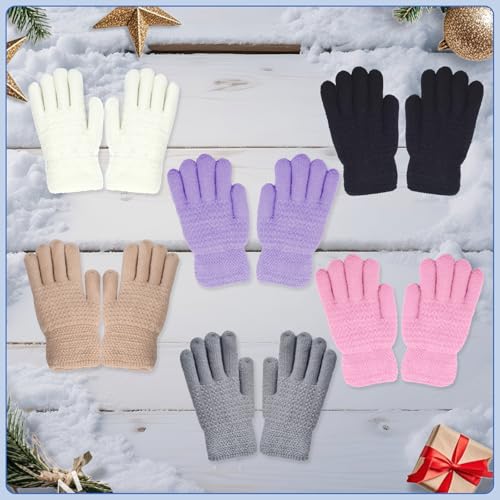6 Pairs Winter Gloves Kids Stretchy Warm Knitted Gloves Wool Fleece Lined Mittens for for Girls Boys Cold Weather 5-10 Years (Multicolor)3