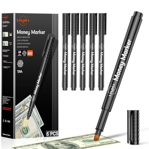 LvsJvcy Counterfeit Money Detector Pen, Professional Maker Checker Tester Pens for Fake Bill Cash Money Dollar Currency, Upgraded 30% More Ink & Chisel Tip for Personal & Commercial Use - 6 Pack