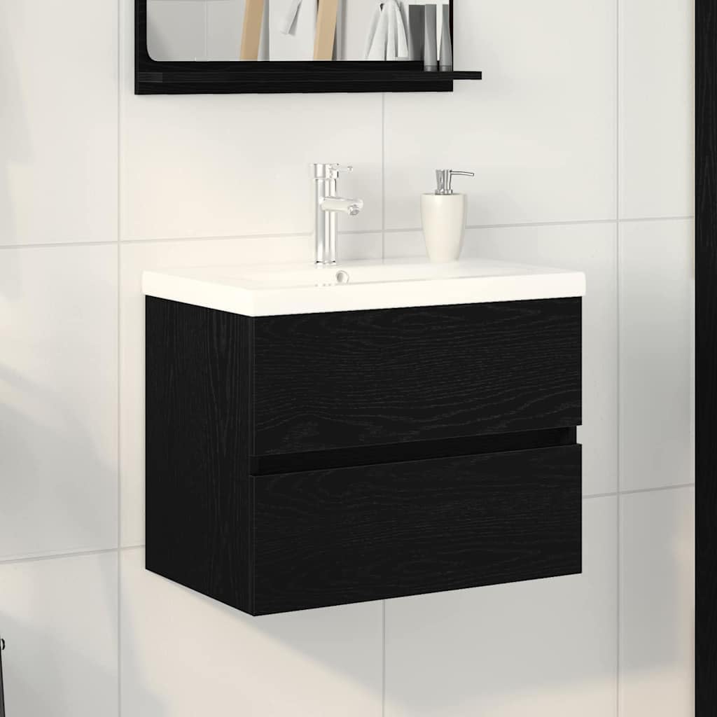 Armario de lavabo de madera de roble negro, 60 x 39 x 62 cm, montado en la pared con espacio de almacenamiento y puertas con bisagras para muebles de baño y tocador de baño