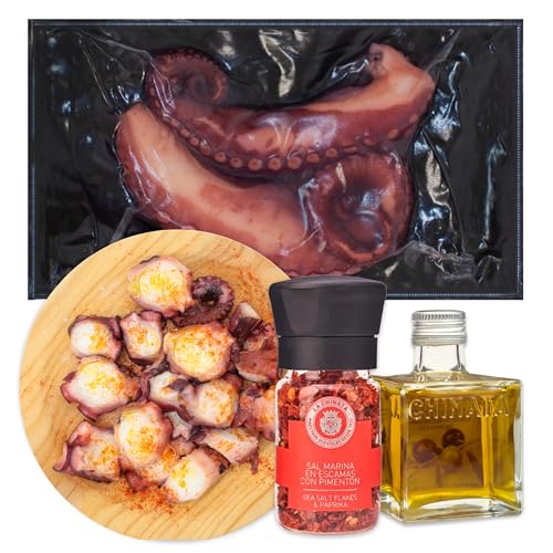 MARISKITO | Pack La Mar de Pulpeiros – Pulpo a la Gallega Cocido - Plato de Madera para Servir Tapa – Aceite Oliva Virgen Extra y Sal Escamas con Pimentón de la Vera Gourmet - Cocinar Receta en 5 min