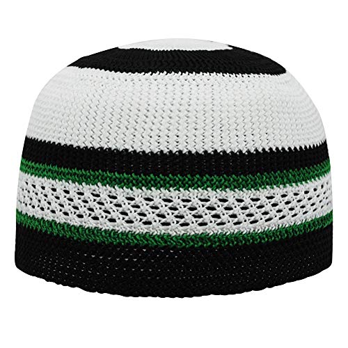 TheKufi Soft White Black with Green Stripes Nylon StretchyÂ Kufi Skullie Hat Moslem Topi Skullcap (M -22.5