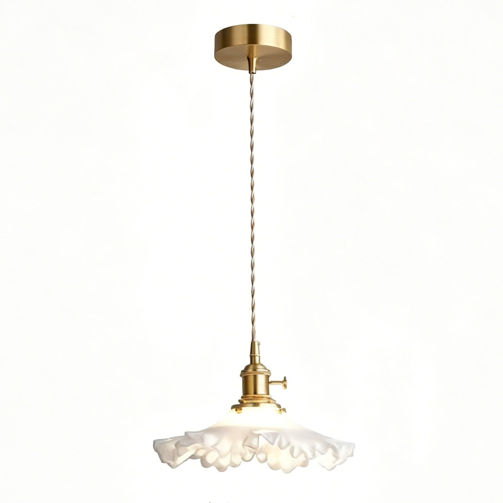 FEITENGDA Nordic White Ruffled Glass Shade Pendant Light Vintage Accent Brass Bedside Hanging Lamp Interior Adjustable Height Chandelier Fixture for Dining Room Kitchen Island