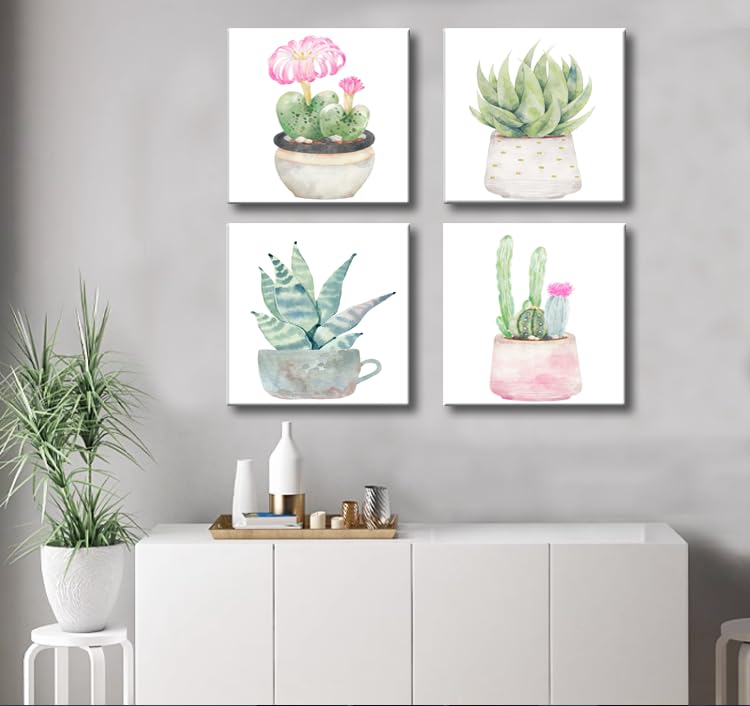 Image of msspart Cactus Bathroom Decor Wall Art, Succulent Pictures Canvas Print, Green Plants Paintings for Bedroom Living room Office Decoration - 12 inch X 12 inch