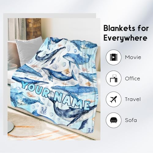 Custom Whale Blanket with Name for Women, Cute Soft Gifts for Ocean Lovers, Cozy Flannel Throw for Bed Living Room, 60"x80"