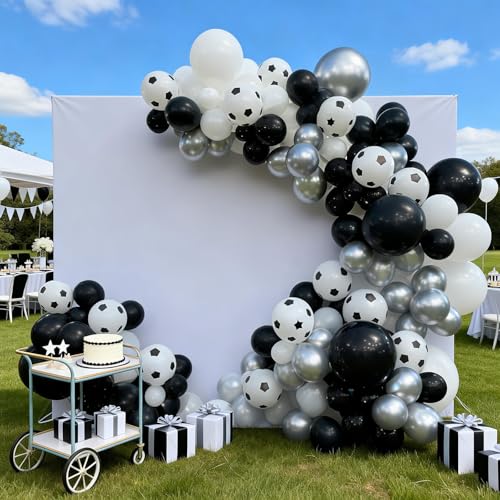 Image of Soccer Balloons, 50 Pcs Black White for Boys Sports Birthday Baby Shower | 12 Inch Black White Silver Soccer Print Latex Balloons for Soccer Football Baby Shower Game Day Sport Club Party Decorations