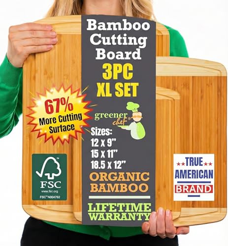 Organic Bamboo Cutting Board Set of 3 with Lifetime Replacements &ndash; Premium Extra Large Wood...