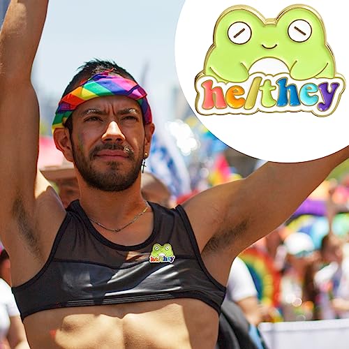 Image of LGBTQ Pronouns Cute Frog Pin - Gender Identity Bulk Pins for Pride Parade or Daily Wear - They /Them (Free 1pc Pride Sticker Included)
