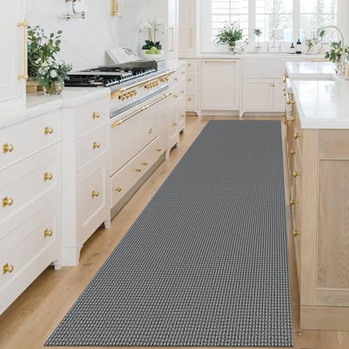 KOZYFLY Extra Long Runners for Hallways 3x14 ft Washable Kitchen Runner Non Slip Rubber Backed Hallway Rug Cotton Entryway Runner Rug Floor Carpet for Indoor Hall, Kitchen, Stair, Grey/Dark Grey