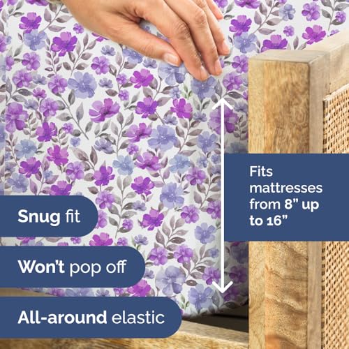 Image of Cal King 4 Piece Floral Sheet Set - Breathable & Cooling - Purple Bloom | 1 Flat, 1 Fitted & 2 Pillowcases w / Deep Pockets, Boho Botanical Floral Bedding, Breathable & Cooling, Wrinkle & Fade Free