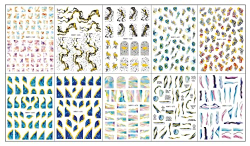 Jmeowio 10 Sheets Marble French Tip Nail Art Stickers Decals Self-Adhesive Pegatinas Uñas Colorful Marble Line Nail Supplies Nail Art Design Decoration Accessories #TOP1