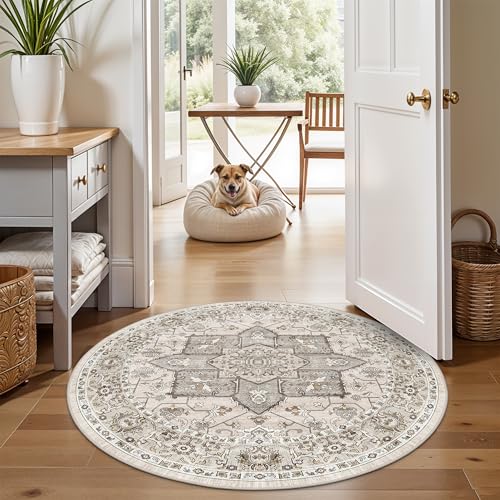 Living Room 4round Area Rug - Boho Rugs for Living Room Bedroom Stain Resistant Carpet Vintage Tribal Rugs for Kitchen Playroom with Non Slip Backing Home Decor Floor Mat for Bathroom 4ft Ivory