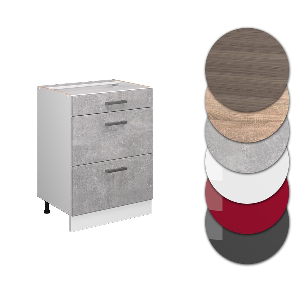 Vicco Mobiletto base per cucina R-Line, Calcestruzzo, 60 cm con cassetti, senza piano di lavoro, per la libera combinazione all'interno di sistemi cucina modulari