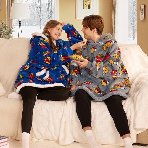 Image of Giggling Getup Wearable Blanket Hoodie for Adults Gifts for Teen Girls Sister Women Sherpa Fleece Printed Hooded Blanket Sweatshirt Warm Cozy with Pocket & Sleeves Grey Chicken Nuggets Fries