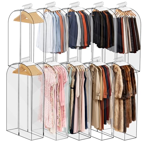 10 Pack Clear Garment Bags for Hanging Clothes 40&50'' Long Clothes Storage Bag with Zippers on Double Sides 10' Gusseted Plastic Clothes Cover for Closet Shirts Coats Dresses Fur Jacket Long Suit
