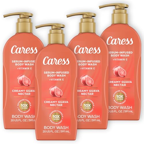Image of Caress Creamy Guava Nectar Moisturizing Body Wash with Pump, Serum-Infused Formula with Vitamin C, Fruity Citrus Woody Long Lasting Fragrance, Dermatologist Tested, 20 fl oz (4 Pack)