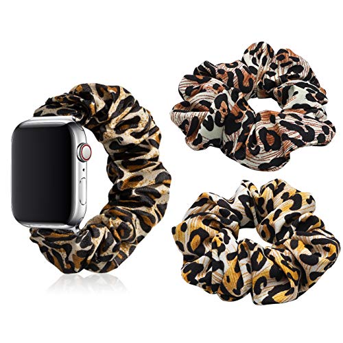 Leopard Scrunchie Elastic Watch Band for 38 40mm Apple Watch Compatible with iWatch Series 1/2/3/4/5 with 2 Pcs Leopard Chiffon Scrunchies Hair Elastic Ties Ponytail Holder for Women Lady