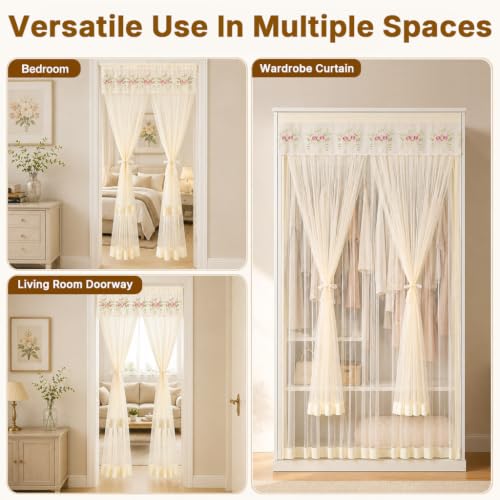 Image of HASTHIP Lace Door Curtain Double Layer Sheer Privacy for Doorway | Mesh lace fabric with easy tape installation filters soft light keeps mosquitoes out