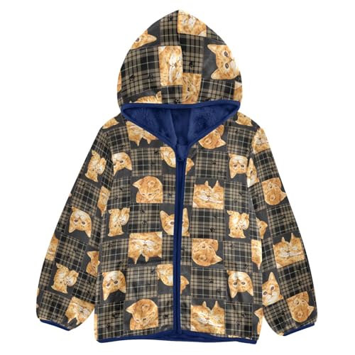 Plaid Cat Toddler Fleece Jacket Baby Boys Hooded Zipper Long Sleeve Thick Warm Outerwear 3-10 Years