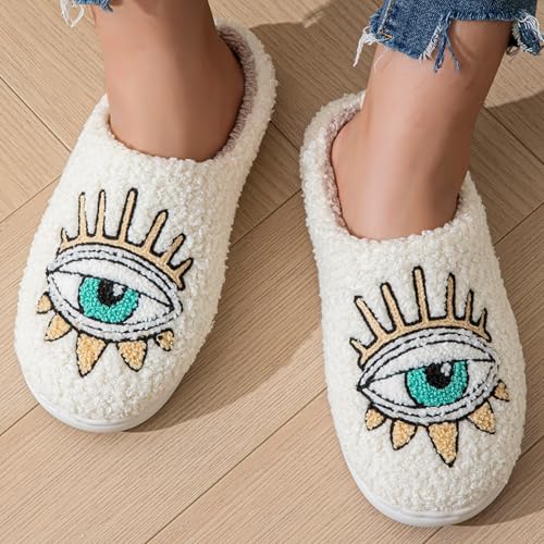 Image of Womens Mens House Slippers Retro Comfy Warm Plush Slip on Fluffy Memory Foam Home Sippers for Winter Indoor Outdoor