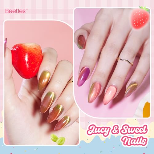 Image of Beetles Fruit Magnet Cat Eye Gel Nail Polish Set - 6 Colors Spring Gel Polish Kit Glitter Cat Eye Pink Purple Blue Yellow Green Magnetic Shine Soak Off UV Salon DIY Manicure Gift for Women