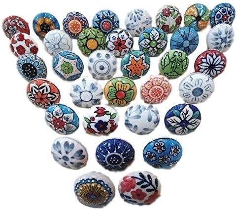 Ajuny Set of 30 Multicolor Vintage Look Flower Ceramic Knobs Door Handle Cabinet Drawer Cupboard Pull Indian Hand Painted
