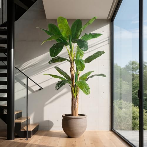 Image of 7ft Extra Tall Artificial Banana Tree, Fake Banana Leaf Plant with 19 Faux Banana Leaves, Perfect for Home Indoor Outdoor Patio Office Tropical Decor