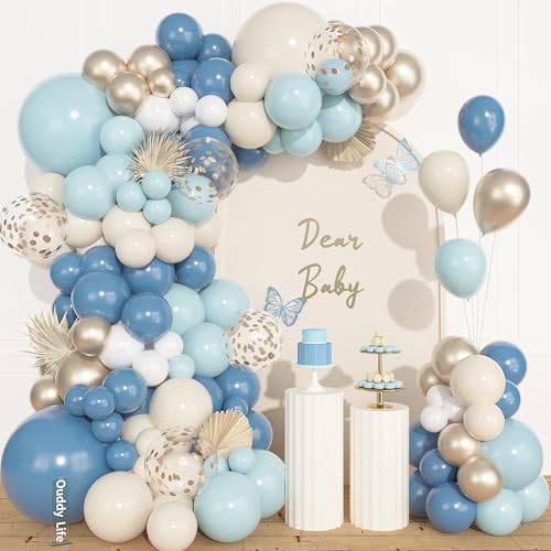 Image of Ouddy Life 157 Pcs Dusty Blue Balloons Garland Arch Kit, Fog Pastel Slate Blue Sand White Champagne Gold Confetti Balloons Different Size for Boho Bridal Baby Shower Birthday Wedding Party Decorations
