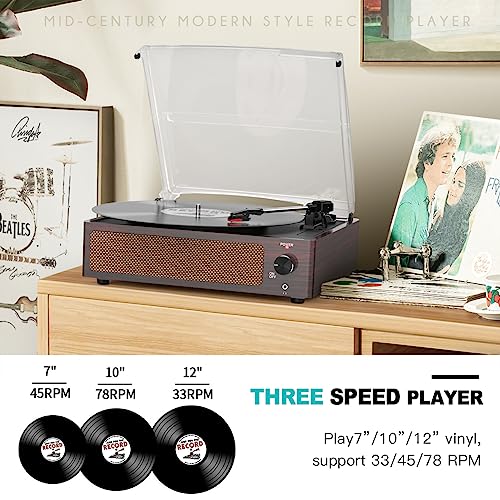 Image of Vinyl Record Player with Speakers Vintage Turntable for Vinyl Records Belt-Driven Turn Table 3-Speed 3 Size Wireless Playback Headphone AUX-in RCA Line LP Vinyls Players Auto Stop Dark Red