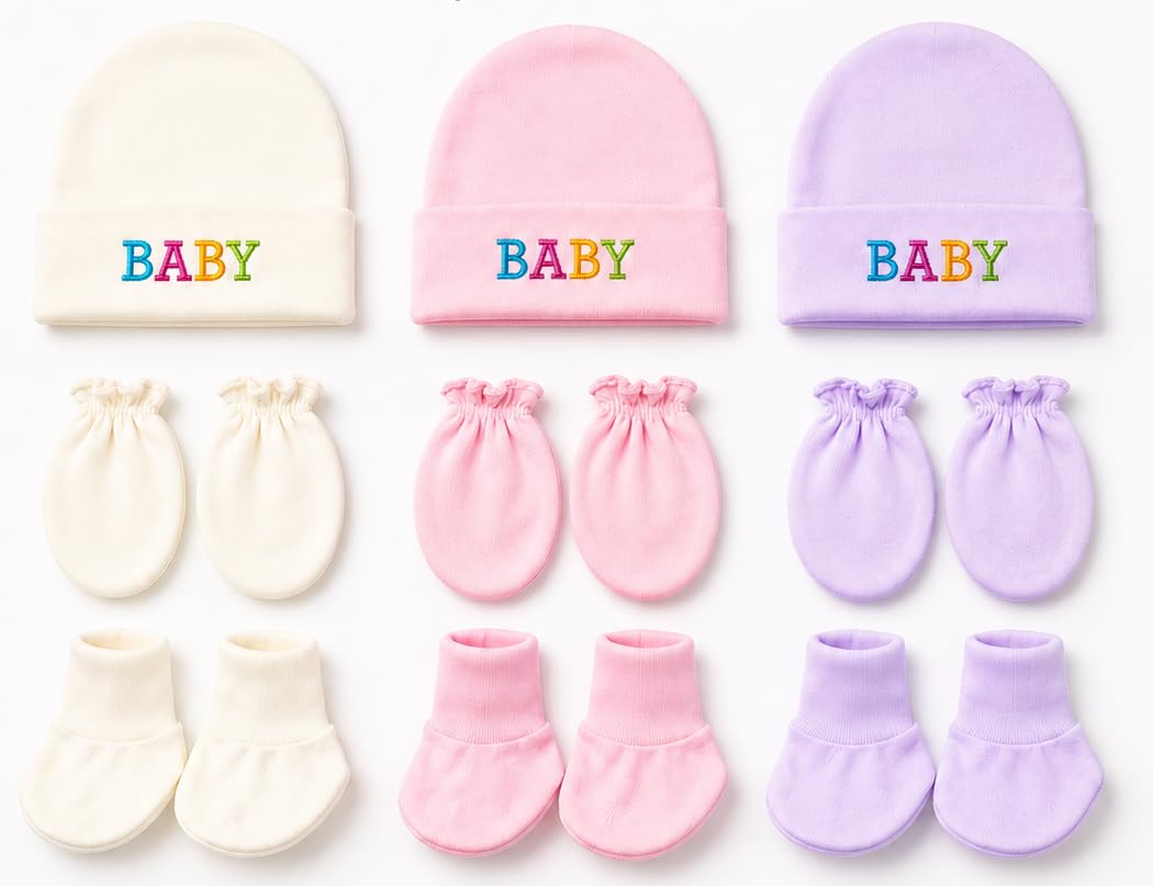 Newborn Baby Gift Set for Boys & Girls | 100% Cotton Baby Cap Mittens Booties Set | Soft Infant Essentials | 0-6 Months | Newborn Accessories | Ultra-soft & gentle on skin-image-5