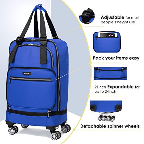 Foldable Luggage Bag with Spinner wheels,Expandable Collapsible Rolling Duffel Bag,Carry On Luggage 22x14x9/Checked Luggage for Travel (2 in 1), Blue