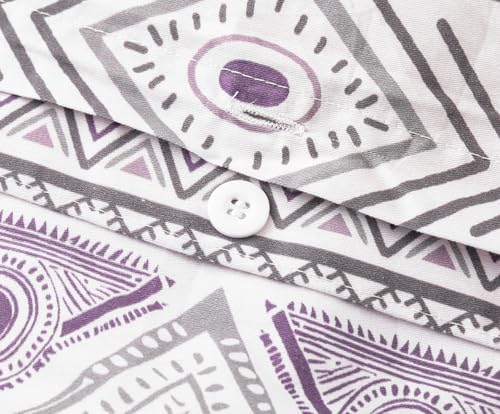 Image of SLEEPBELLA Boho Chic Striped King Size Duvet Cover Set - 100% Cotton with Button Closure in White and Purple