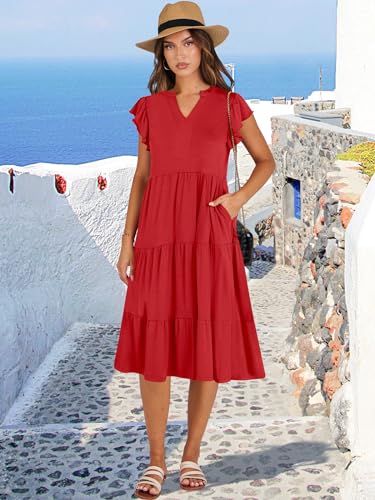 Image of ANRABESS Womens Summer Dress Ruffle Sleeve V Neck Midi Dresses Fashion Casual Fit Flowy Tiered Boho Beach Vacation Sundress