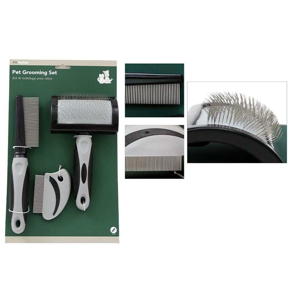 Zopper Pet Grooming Set Of 3 for Dog Cat Groom Kit Hair Brush Long & Short Hair Massage Brush Self-Cleaning Shedding Medium Stainless Lice Comb Rounded Teeth