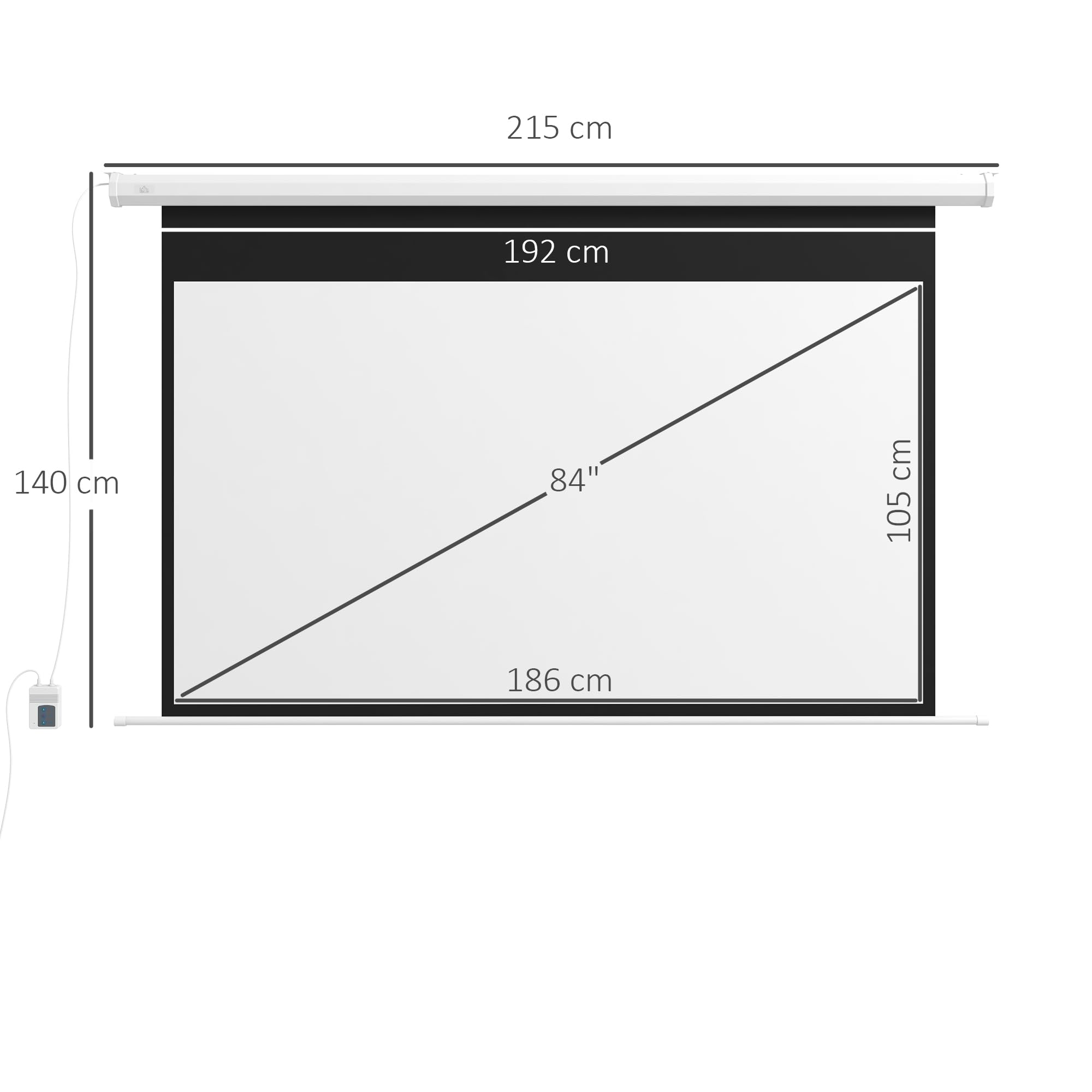HOMCOM Telo Proiettore Motorizzato da 84 Pollici 4K HD Formato 16:9, Schermo Proiettore Motorizzato Elettrico con Telecomando, Telo Videoproiettore per Casa, Cinema, Ufficio, Home, 215x140 cm, Bianco