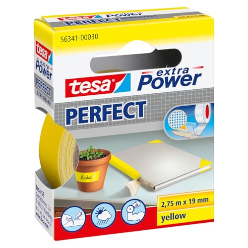 Tesa Extra Power Perfect - Biadesivo Rinforzato in Tessuto, Adatto per Riparazione, Fissaggio, Etichettatura e Rinforzo - Giallo - 2,75 m x 19 mm