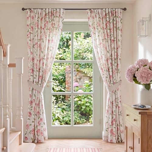 Image of jinchan Pink Floral Linen Curtains 96 Inch Cottagecore Back Tab 2 Panels | Light filtering drapes, semi sheer, farmhouse, watercolor, romantic, living room, bedroom, rod pocket, window treatment