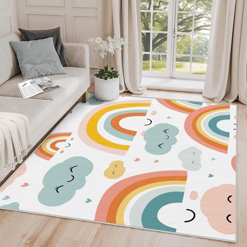 Yoozitrees Rainbow Rug 8x10 - Rainbow Rug, 7x10 Rug, Cute Cartoon Cloud Colorful Area Rug, Kids Nursery Playroom Carpet, Washable & Non Slip & Soft Large Rugs, Rainbow Home Decor Gifts