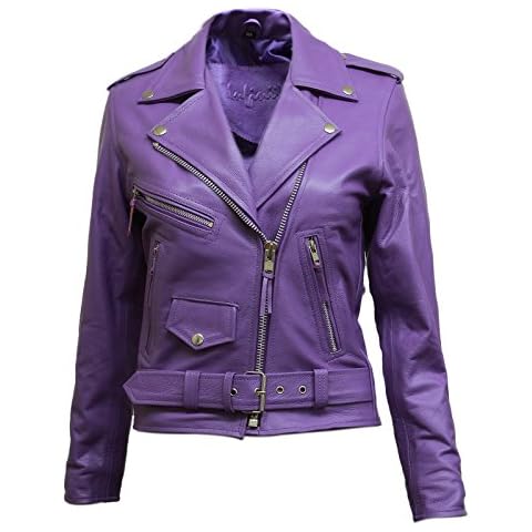 BRANDSLOCK Ladies Leather Biker Jacket Brando Casual Soft Real Sheepskin Leather Jacket (S, Violet) Cover