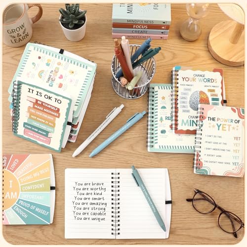 Image of Thenshop 40 Pcs First Day of School Encouragement Supplies 20 Self Care Notebooks Journals and 20 Positive Affirmation Pens Mental Health Wellness Gifts for Teacher Counselor Student (Growth Mindset)