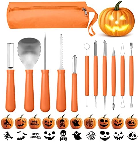 Home 19 21Pcs Halloween Pumpkin Carving Kit with Stencils, Professional Heavy Duty Stainless Steel Sculpting Tools Set with Carrying Bag for Adults & Kids, Halloween Decoration Jack-O-Lanterns (Brown)