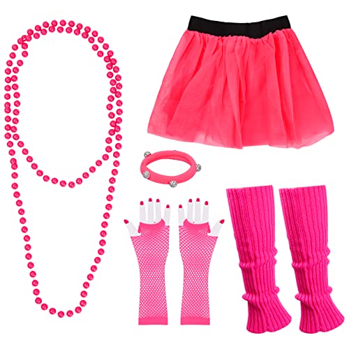 Accessoires Néon 80s Déguisement, Kit d'Accessoires de Costume des Années 80, Gants Résille sans Doigts, Collier Perle Fluo, Néon Jambières Bandeau, Tutu, Gants en Fishnet (Rouge) Cover