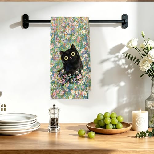 Image of Cute Cat Kitchen Towels 24x14 Inch, Cats Gifts Floral Reusable Dish Towels for Kitchen Bathroom Home Decor, Waffle Weave Absorbent Hand Cloth Tea Towel, Cat Lover Gifts for Women Mom Friend