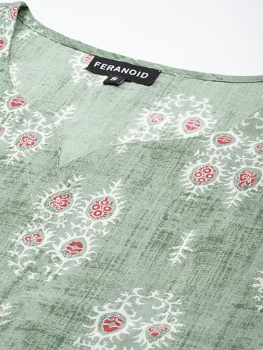 Image of feranoid Women's Pure Cotton Floral Print Straight Kurti | Elegant Curved V-Neck | Sleeveless Calf-Length Ethnic Wear | Comfortable Regular Fit | Sizes XS-XXL