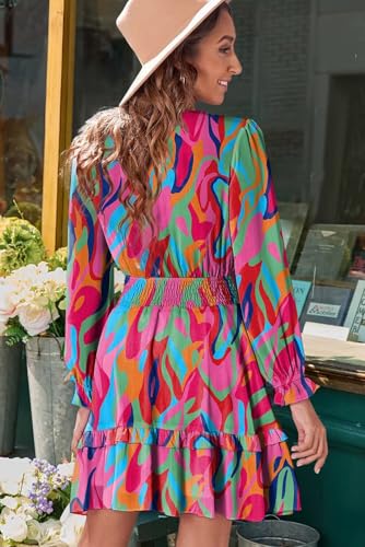 Image of Dokotoo Womens Casual Spring Fall 2025 Deep V Neck Knotted Tiered Chiffon Elegant Mini Short Swing Skater Dresses